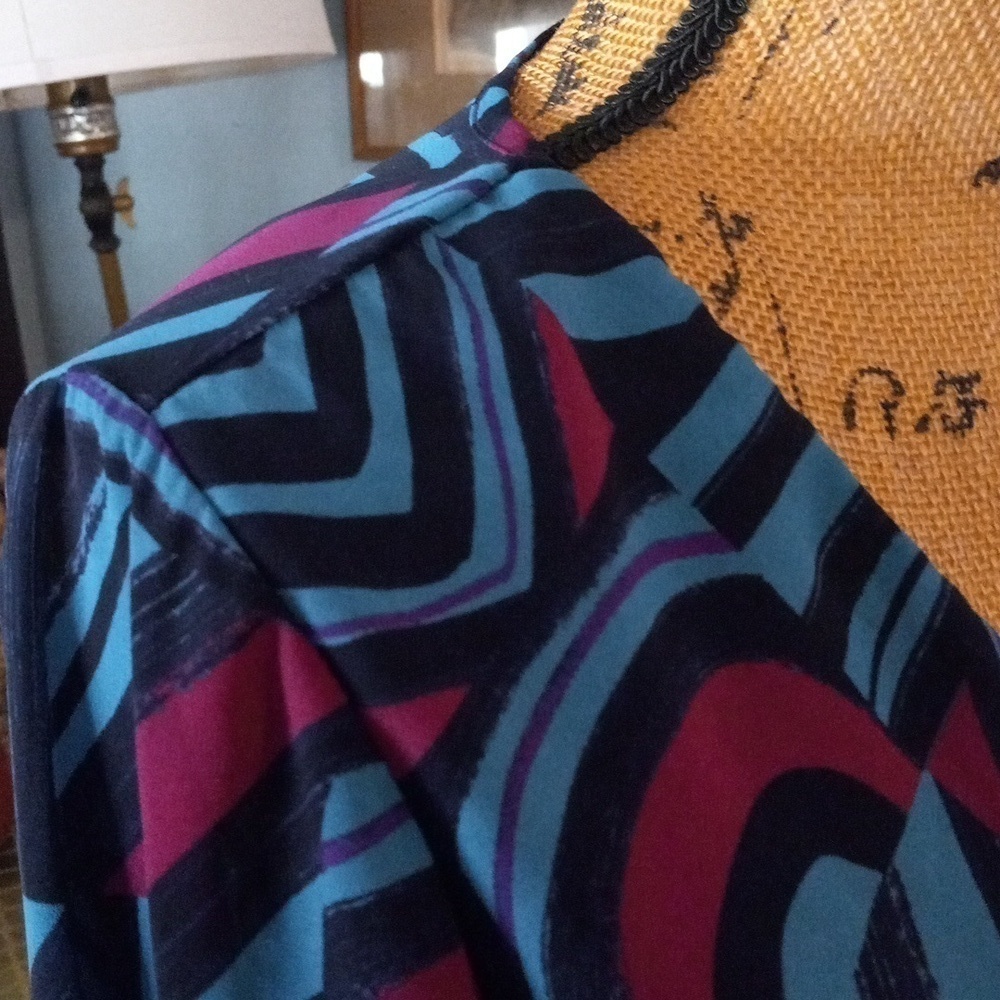 Everly Blue & Fuchsia Graphic Block Print Roll Up Sleeve Pull On Mini Dress - Picture 6 of 15